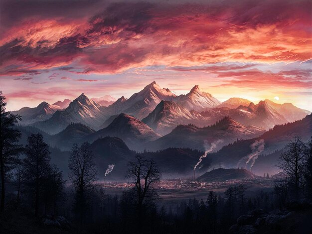 Photo mountain view at sunset with tree silhouettes in the background