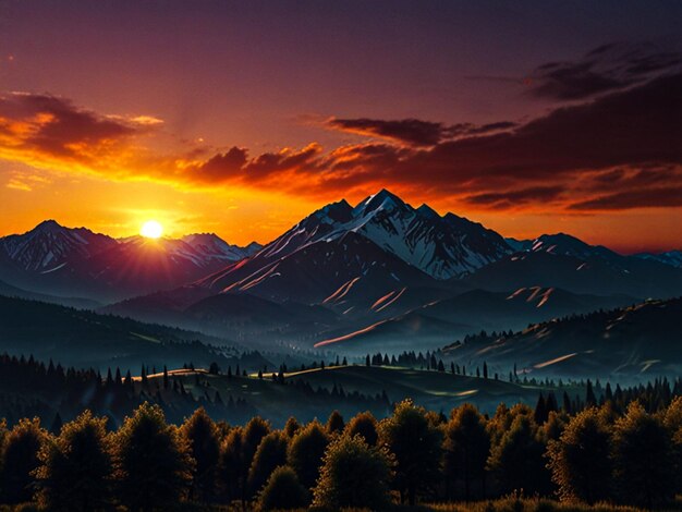 Photo mountain view at sunset with tree silhouettes in the background