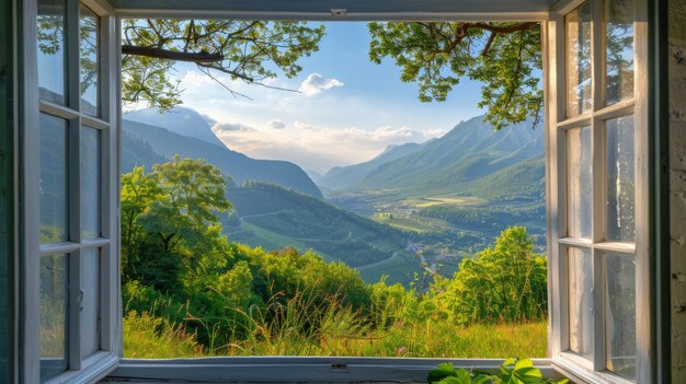 Photo mountain view through open window