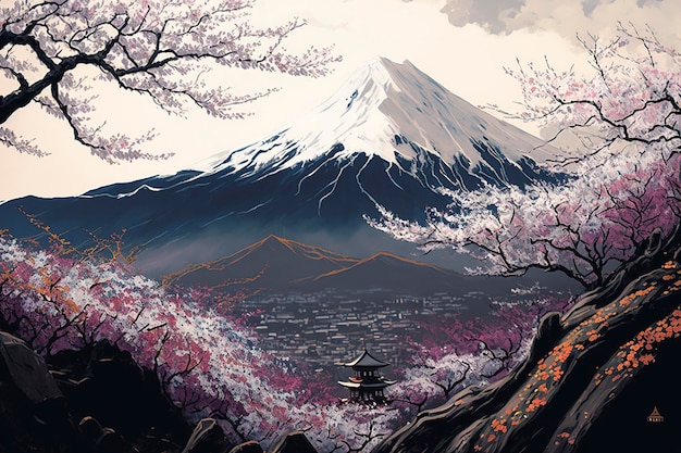 Mountain view with cherry blossoms as foreground, creative ai