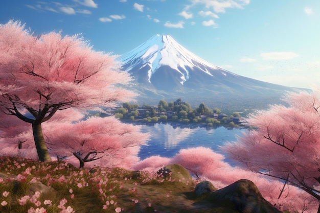 Mountain view with cherry blossoms