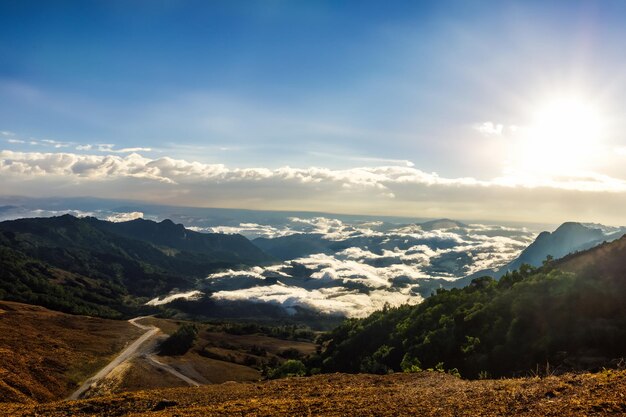 Mountain View with Sun and Clouds Background