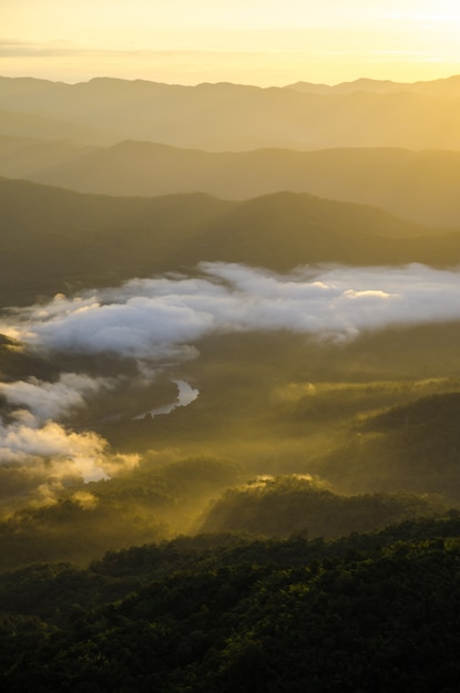 Mountain view with warm sun light in vertical