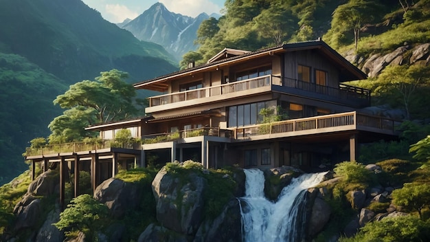 Mountain view with waterfall and home