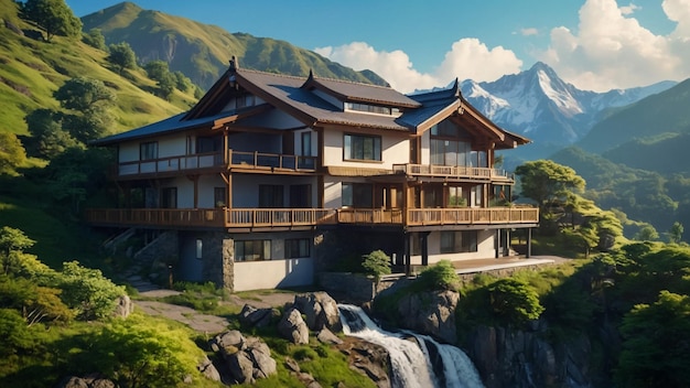 Mountain view with waterfall and home