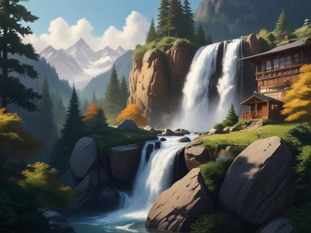 Mountain view with waterfall and home