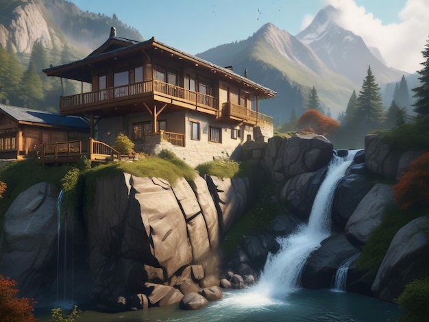 Mountain view with waterfall and home