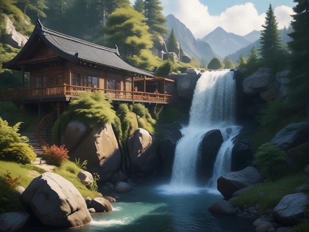 Mountain view with waterfall and home