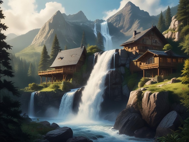 Mountain view with waterfall and home