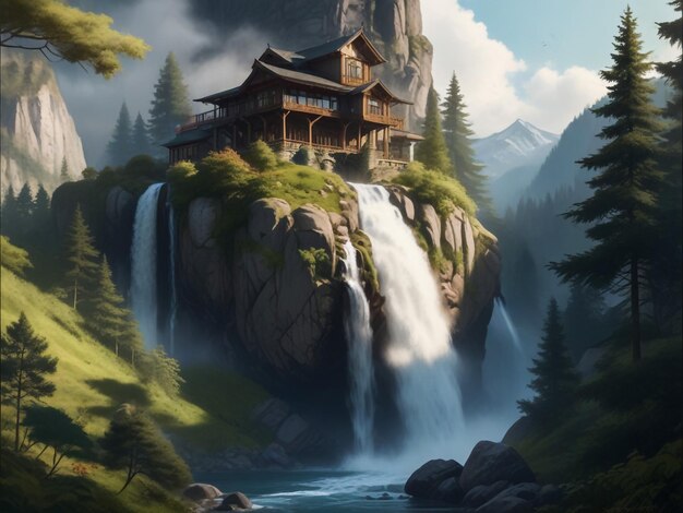 Mountain view with waterfall and home