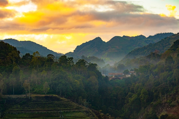 Mountain views, yellow sky and fog