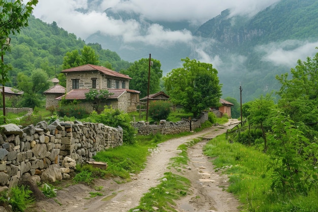 Mountain village landscape with path and house