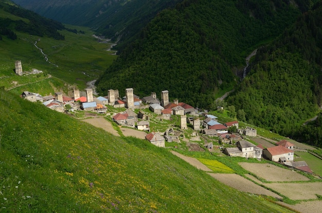 Mountain Village. Summer landscape. Adishi, Zemo Svaneti, Georgia, Caucasus.