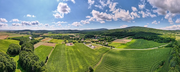 Mountain village with forests, bird eye view. Sleza mountain landscape near Wroclaw in Poland