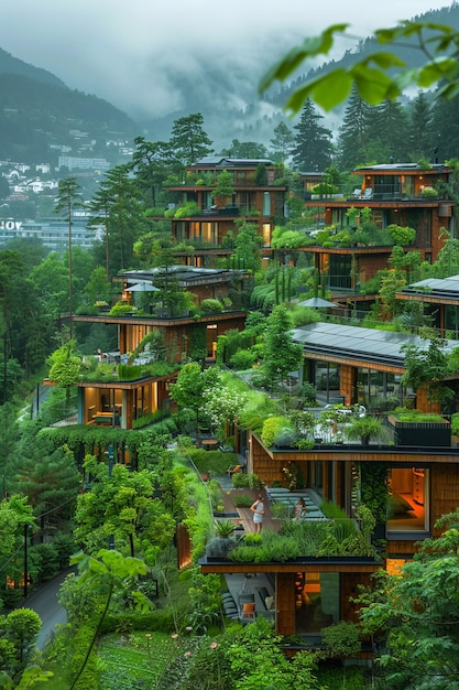 a mountain village with a lot of trees on the top