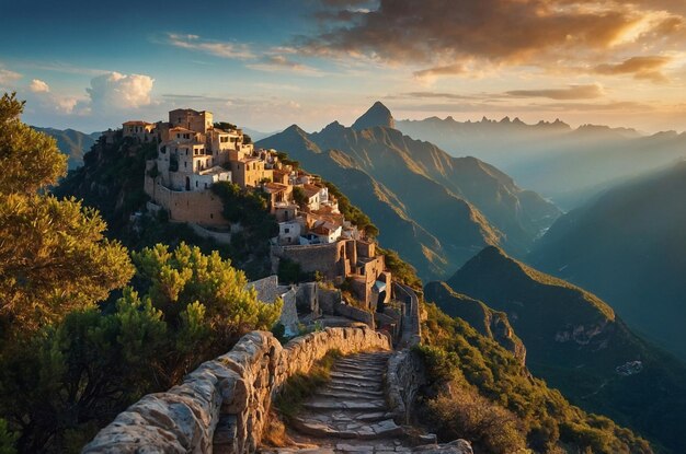 Photo a mountain village with a view of mountains and mountains in the background