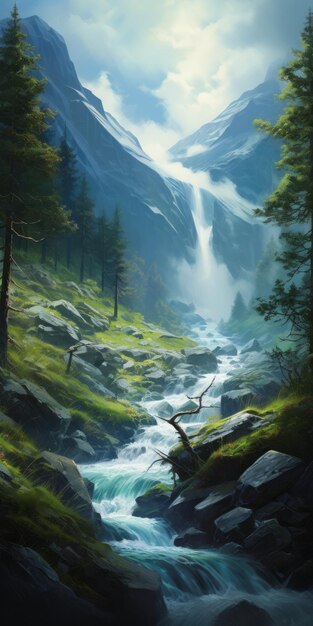 Mountain Waterfall A Stunning Landscape Painting With Intense Lighting