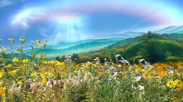 Mountain wild flowers blue sky and white clouds in heart shape wild field rainbow on blue sky