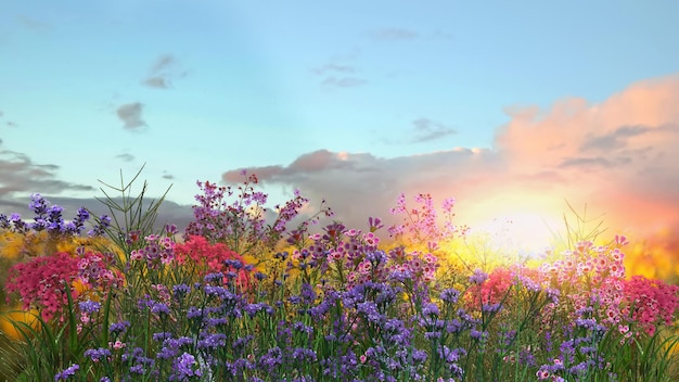 Mountain wild flowers blue sky and white clouds in heart shape wild field rainbow on blue sky