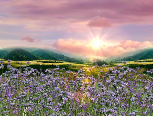 Mountain wild flowers  pink blue yellow  sunset  sky and moon  clouds beautiful nature landscape