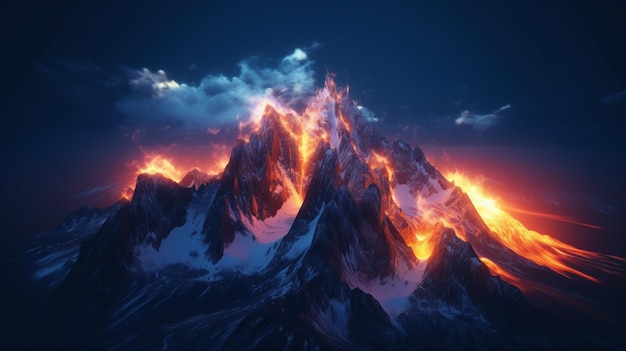 A mountain with a blue sky and a fire in the middle