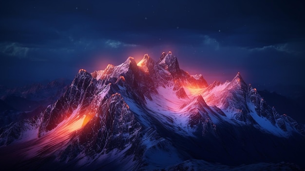 A mountain with a blue sky and a glowing volcano in the background