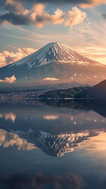 a mountain with a blue sky and a lake in the background