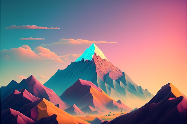 A mountain with a blue sky and a pink sky