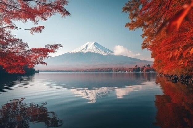 A mountain with a blue sky and a reflection of a mountain in the water