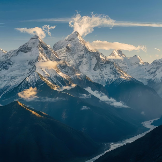 a mountain with a blue sky and a river in the background