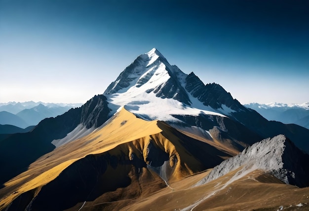 a mountain with a blue sky and a yellow mountain in the background