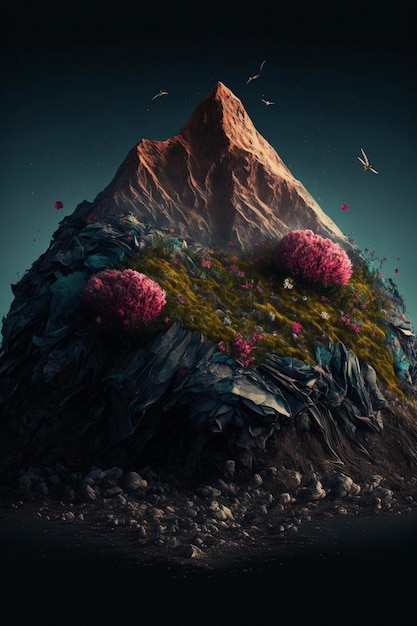 Mountain with a bunch of flowers on top of it generative ai