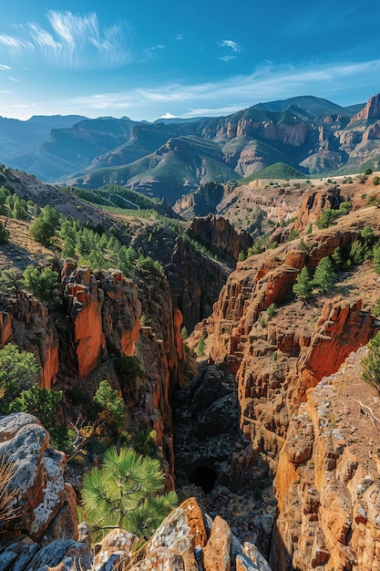 Photo a mountain with a canyon in the background and a trail leading to the top