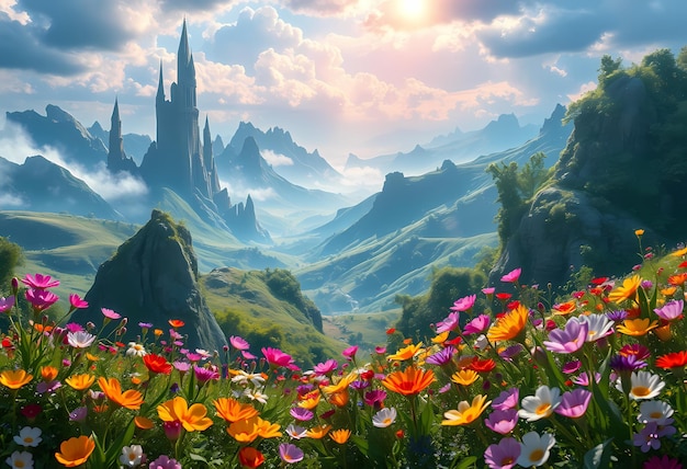 a mountain with a castle in the background and flowers in the foreground