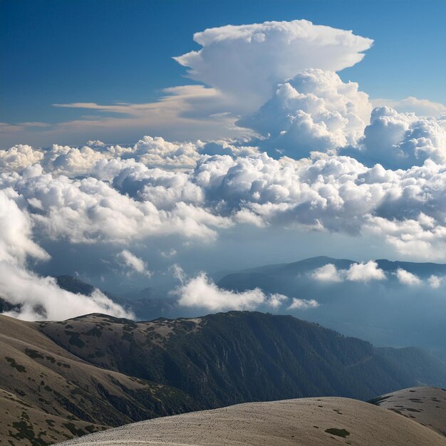 a mountain with a cloud formation above it and a mountain in the background