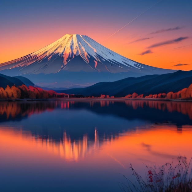 A mountain with a colorful sky is reflected in a lake.