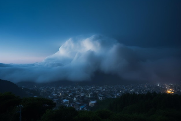 A mountain with a dark blue sky and clouds with a dark blue sky above it