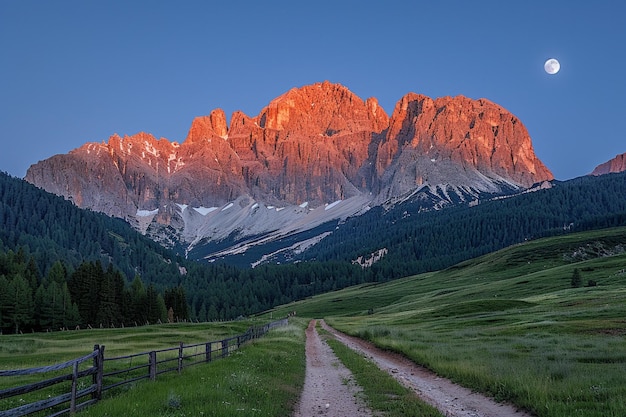 a mountain with a fence and a fence in the foreground