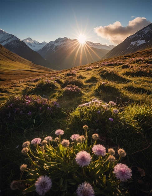 a mountain with a field of flowers and the sun shining through the clouds