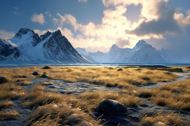 a mountain with a field of grass and mountains in the background