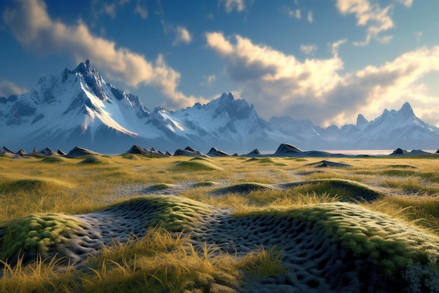 a mountain with a field of grass and mountains in the background