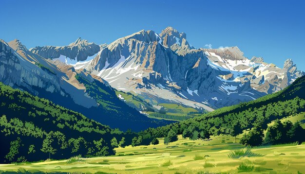 Photo mountain with a field of grass and trees in the foreground