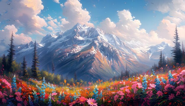 a mountain with flowers and a mountain in the background