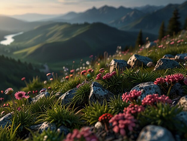 Photo a mountain with flowers and mountains in the background