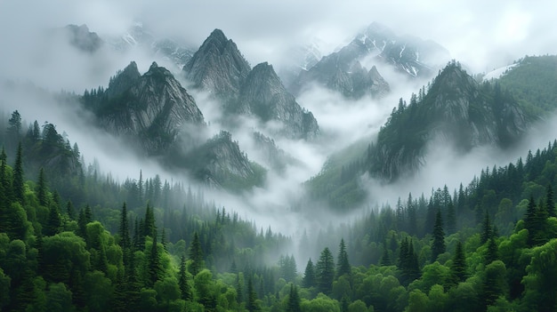 a mountain with a forest of trees and fog in the background