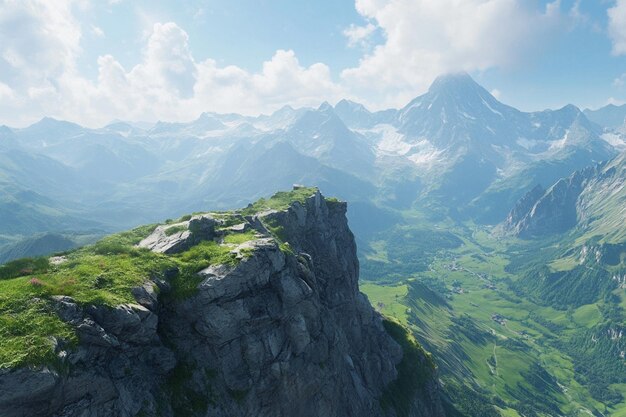 Photo a mountain with a green grass covered cliff and a mountain in the background