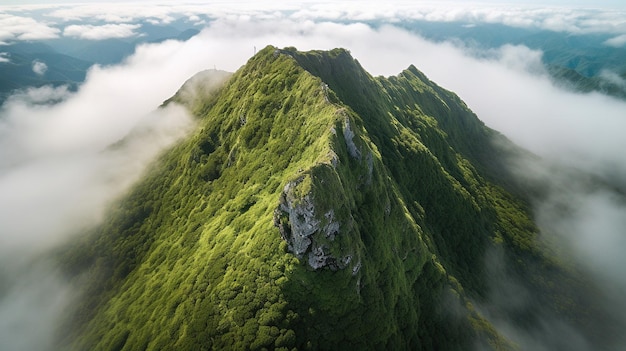 A mountain with green grass and a mountain in the background