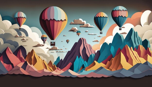 A mountain with hot air balloons and a sky with clouds generative ai