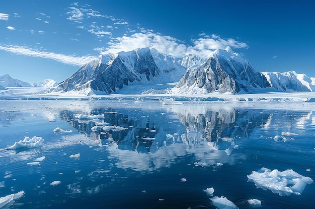 a mountain with ice floating in the water and ice floating in the water