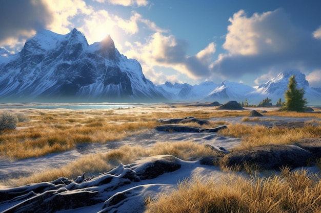 a mountain with a lake in the background and a mountain in the background